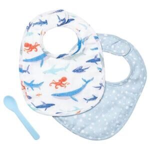 Stephen Joseph 2pc Shark Muslin Bib‎ Set W/Spoon NEW